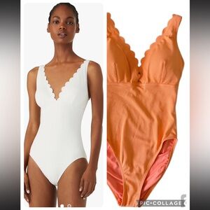 Kate Spade Pique Scalloped Edge Plunge Orange One Piece Swimsuit Size S